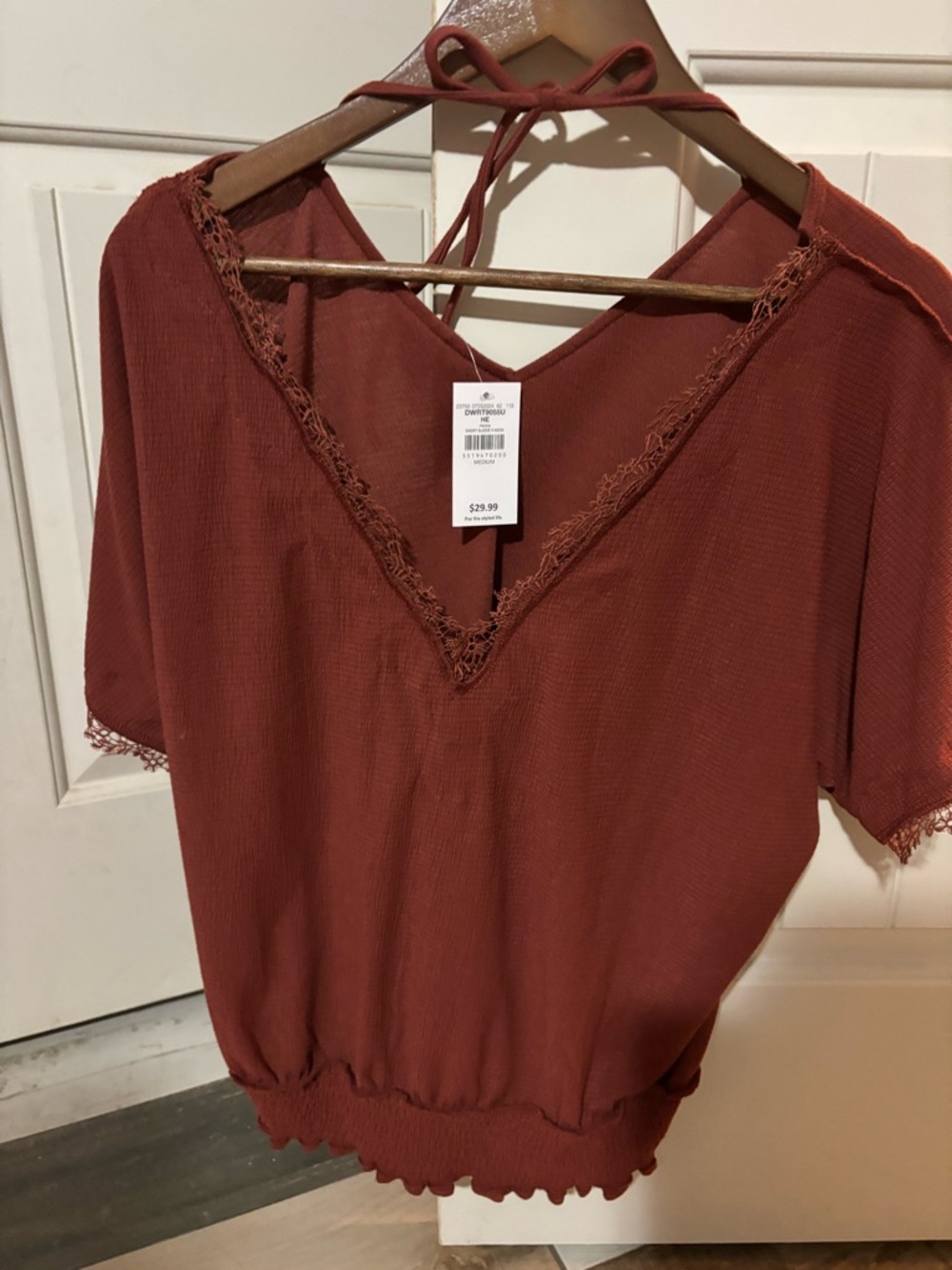 Buckle Rust Lace-Trim V-Neck Blouse
